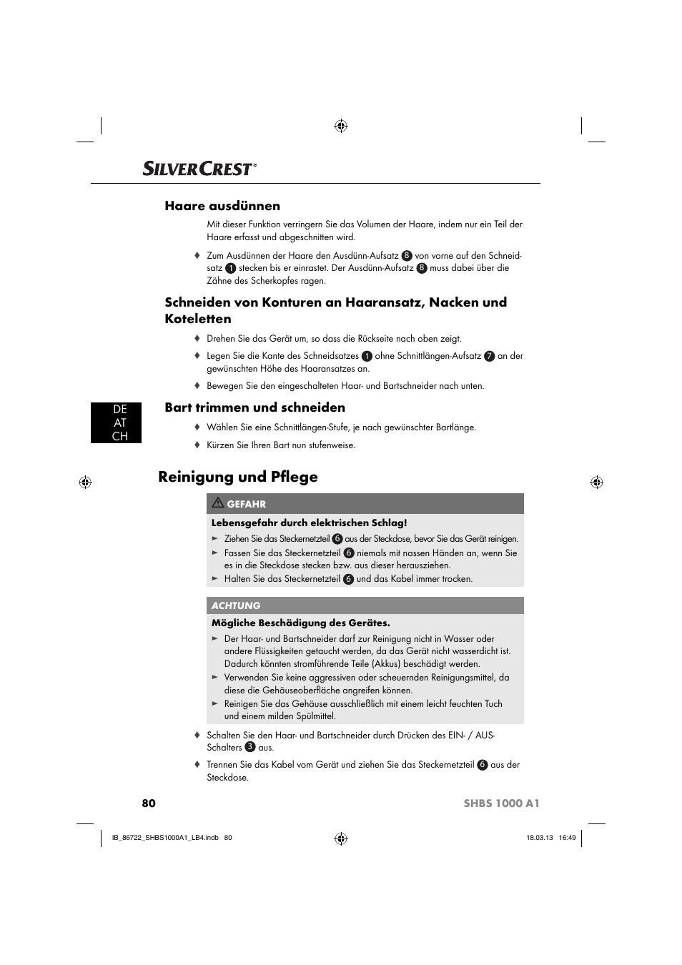 Reinigung und pﬂ ege, Haare ausdünnen, Bart trimmen und schneiden | De at ch | Silvercrest SHBS 1000 A1 User Manual | Page 83 / 87