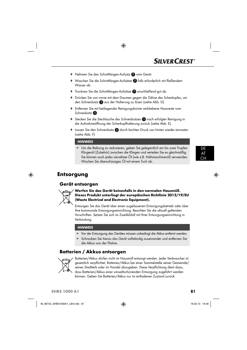 Entsorgung, Gerät entsorgen, Batterien / akkus entsorgen | De at ch | Silvercrest SHBS 1000 A1 User Manual | Page 84 / 87