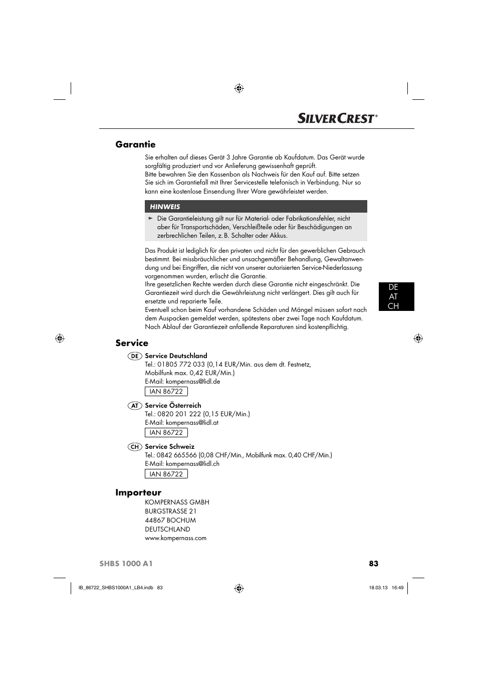 Garantie, Service, Importeur | De at ch | Silvercrest SHBS 1000 A1 User Manual | Page 86 / 87