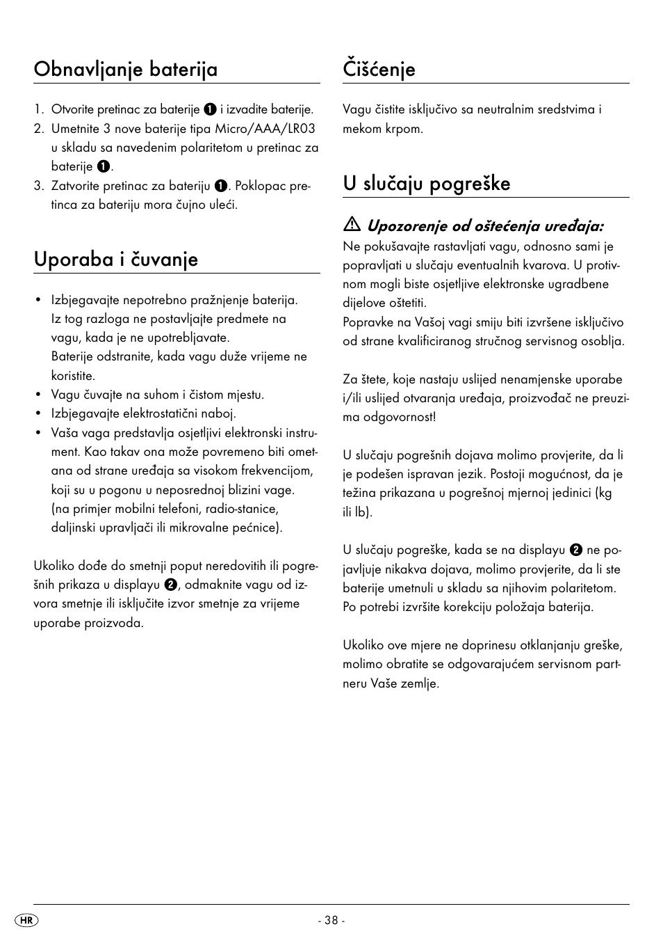 Obnavljanje baterija, Uporaba i čuvanje, Čišćenje | U slučaju pogreške | Silvercrest SPWS 180 A1 User Manual | Page 40 / 42