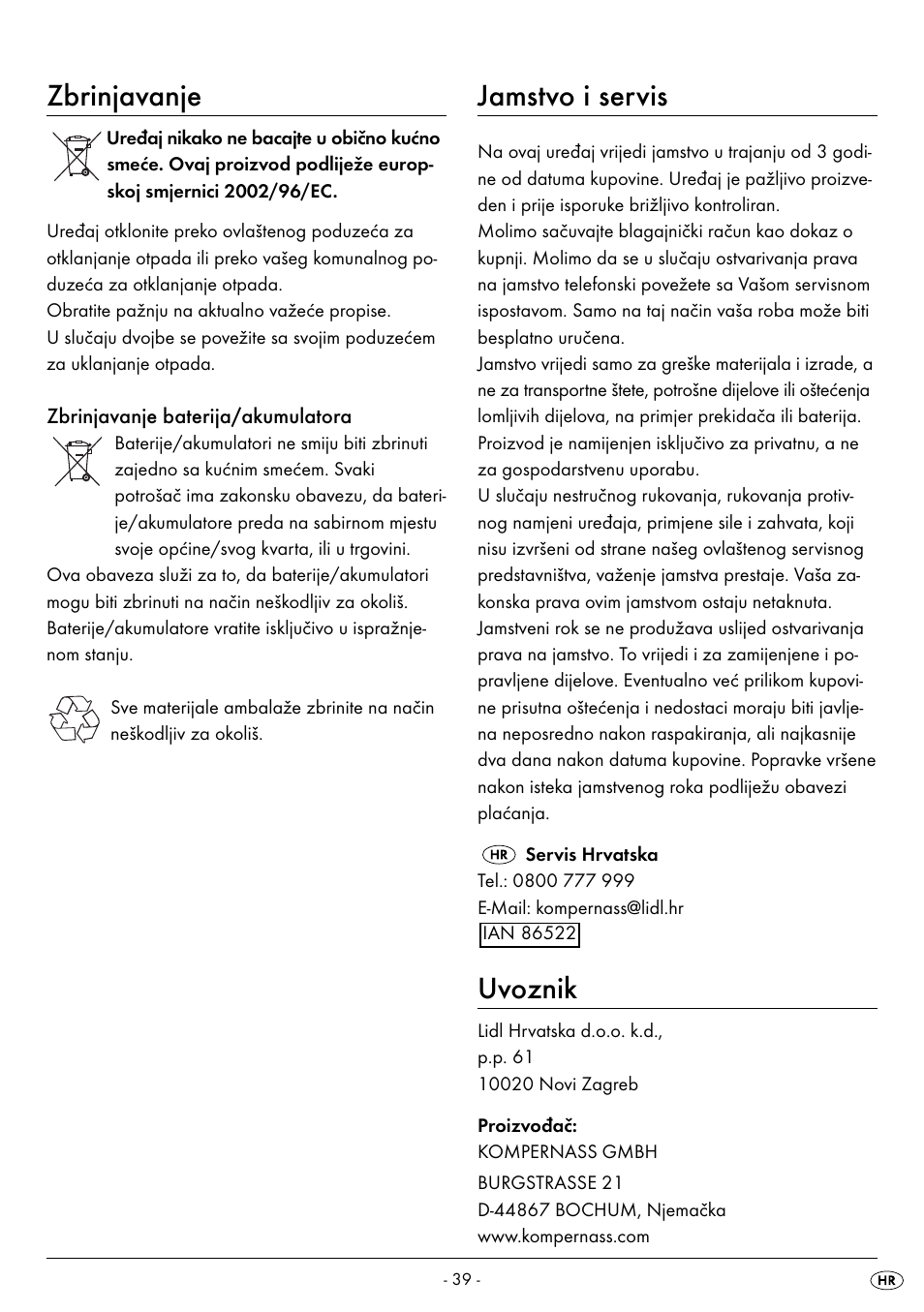 Zbrinjavanje, Jamstvo i servis, Uvoznik | Silvercrest SPWS 180 A1 User Manual | Page 41 / 42