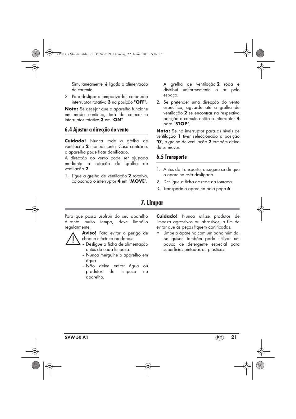 Limpar, 4 ajustar a direcção do vento, 5 transporte | Silvercrest SVW 50 A1 User Manual | Page 23 / 42