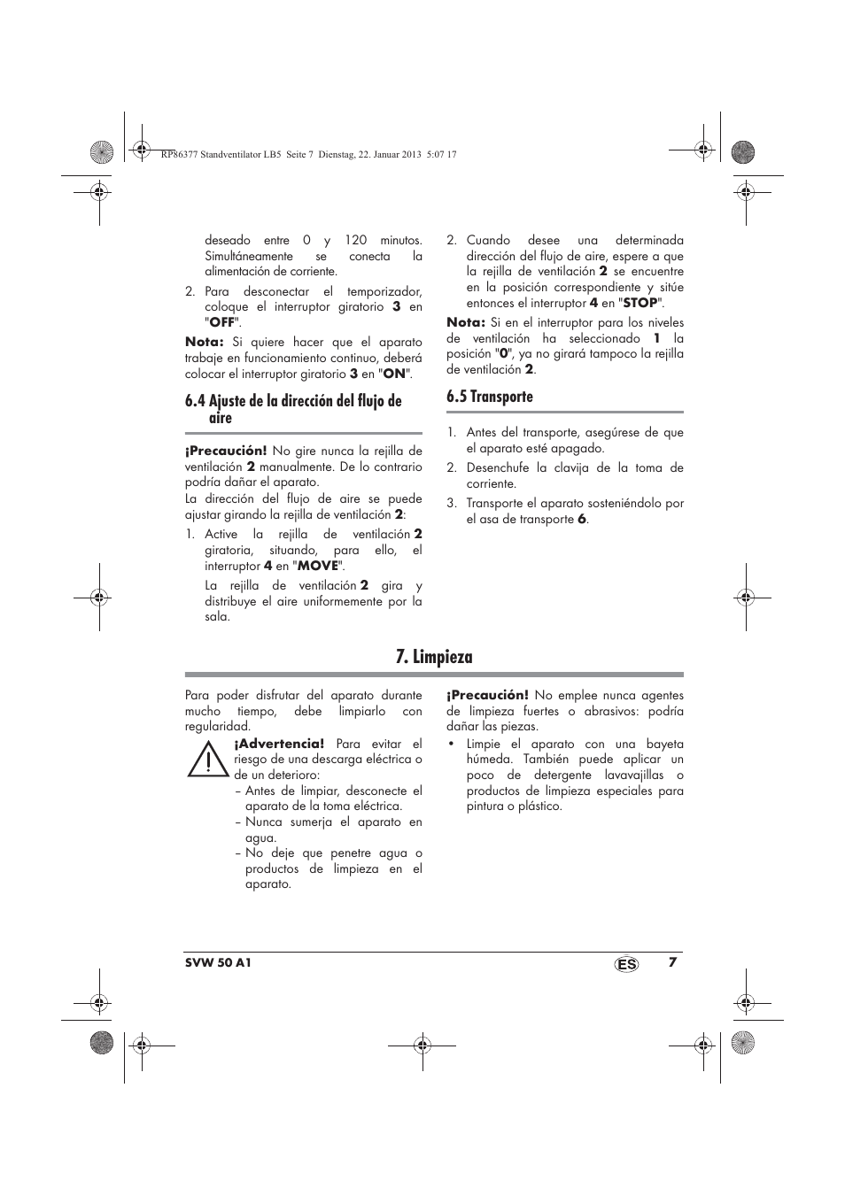 Limpieza, 4 ajuste de la dirección del flujo de aire, 5 transporte | Silvercrest SVW 50 A1 User Manual | Page 9 / 42