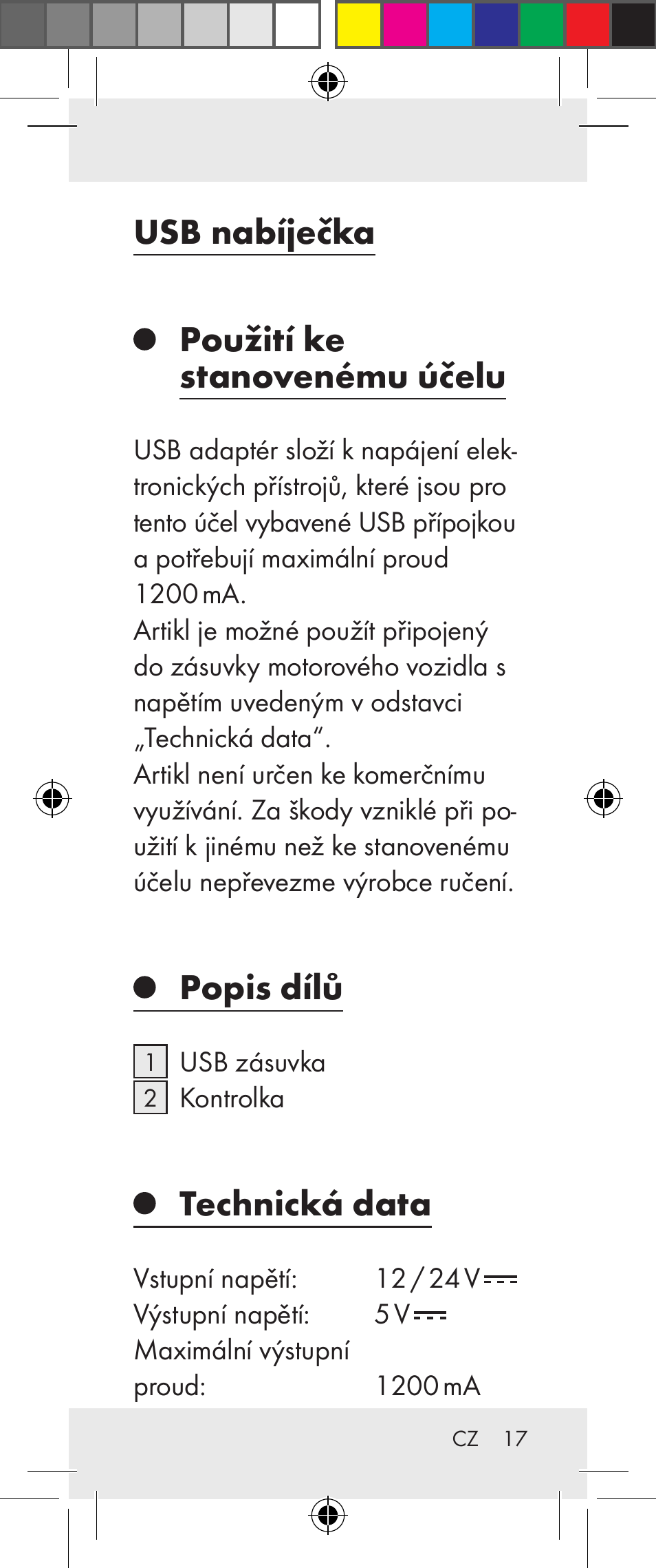 Usb nabíječka, Použití ke stanovenému účelu, Popis dílů | Technická data | Silvercrest Z31306A User Manual | Page 17 / 34