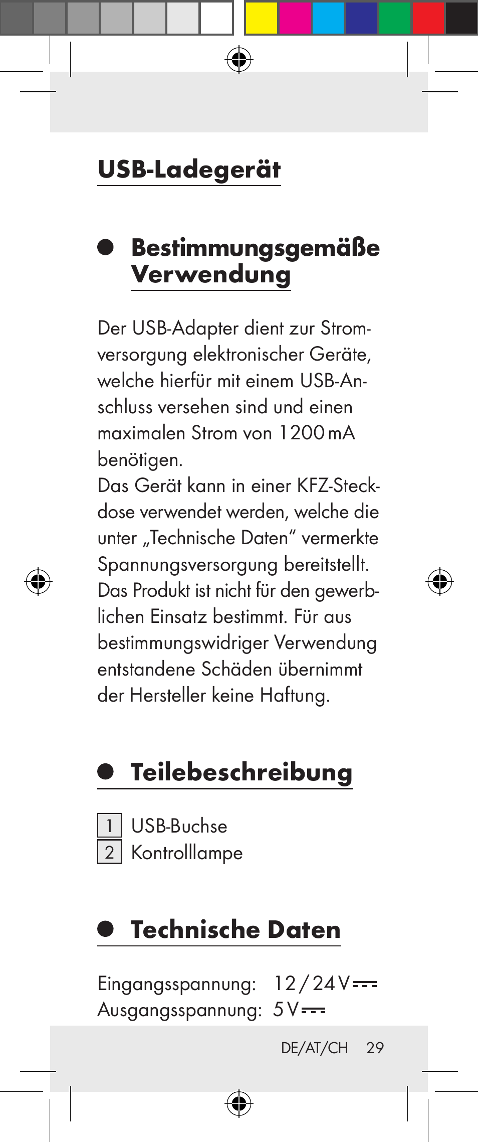 Usb-ladegerät, Bestimmungsgemäße verwendung, Teilebeschreibung | Technische daten | Silvercrest Z31306A User Manual | Page 29 / 34