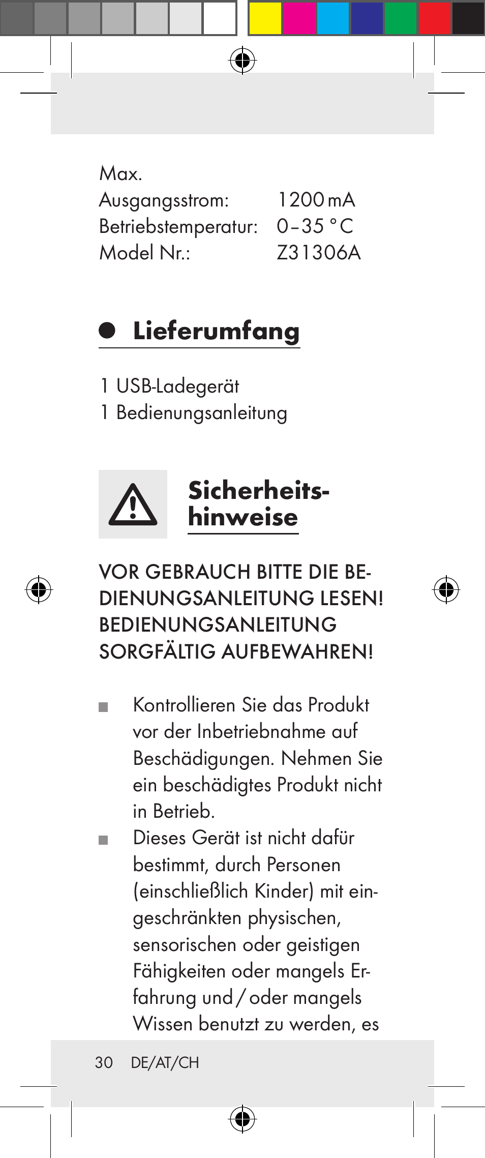 Lieferumfang, Sicherheits- hinweise | Silvercrest Z31306A User Manual | Page 30 / 34