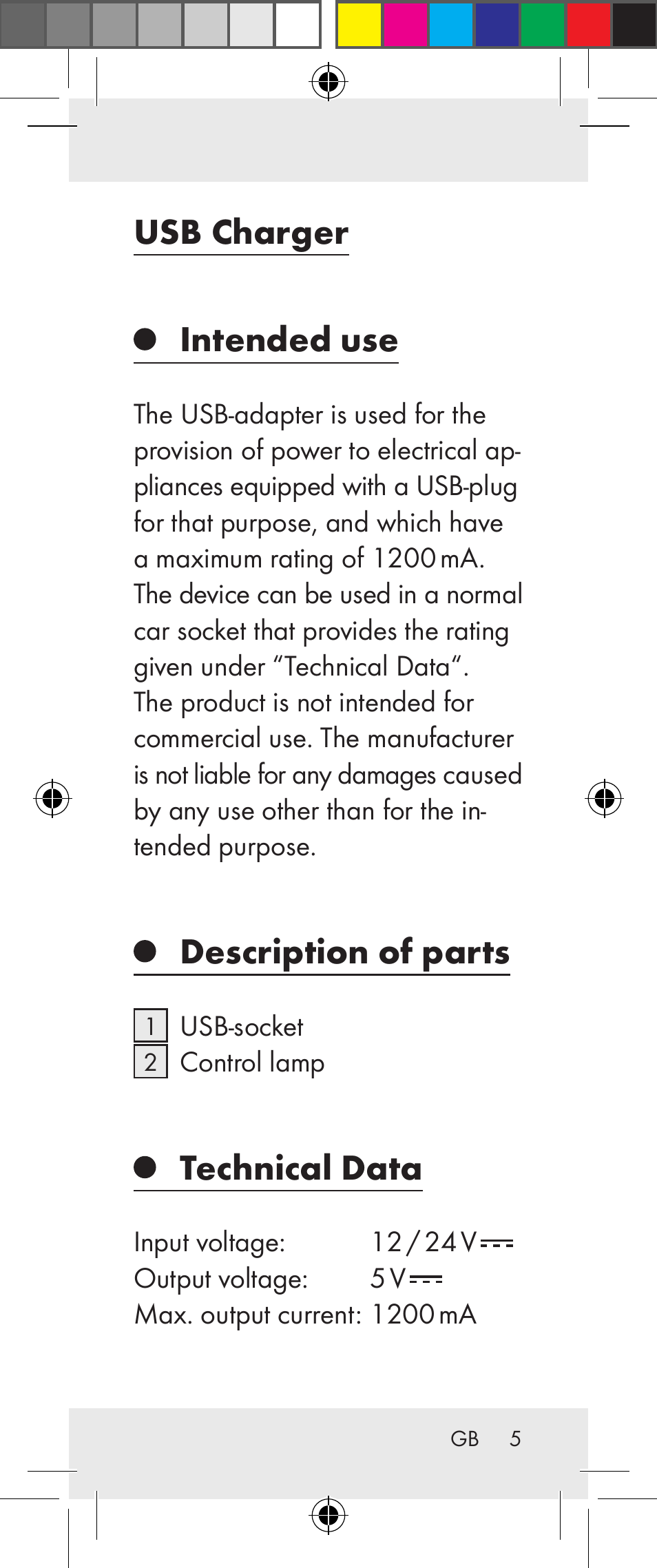 Usb charger, Intended use, Description of parts | Technical data | Silvercrest Z31306A User Manual | Page 5 / 34