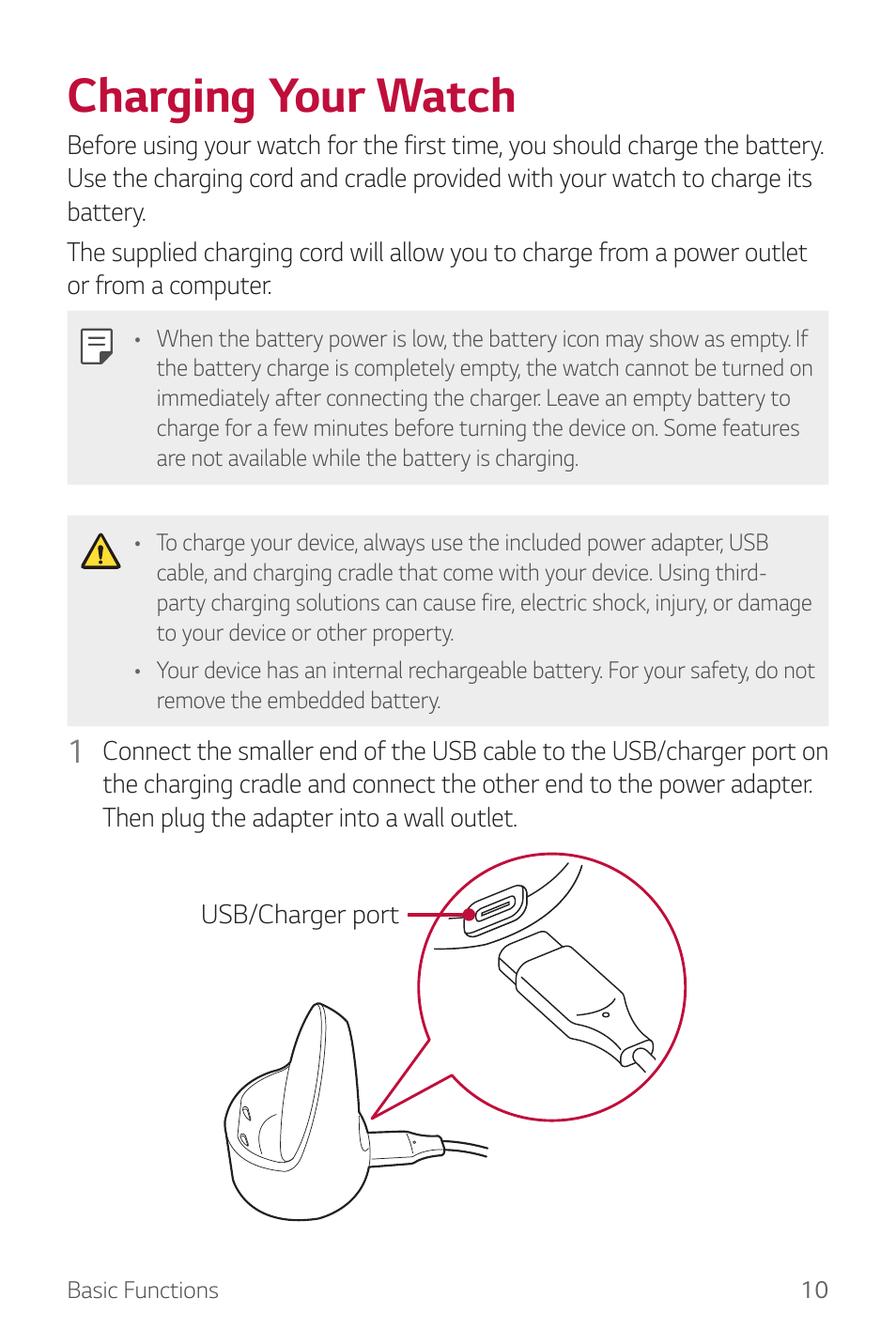 Charging your watch | LG Watch Sport W280A User Manual | Page 11 / 79
