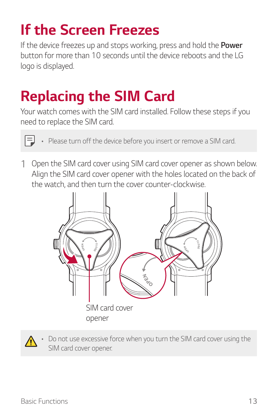 If the screen freezes, Replacing the sim card | LG Watch Sport W280A User Manual | Page 14 / 79