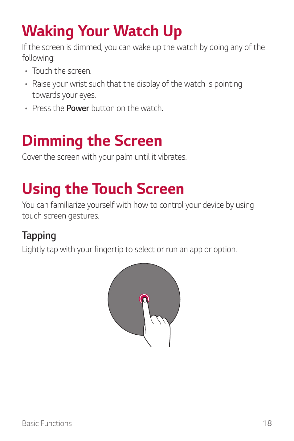 Waking your watch up, Dimming the screen, Using the touch screen | LG Watch Sport W280A User Manual | Page 19 / 79
