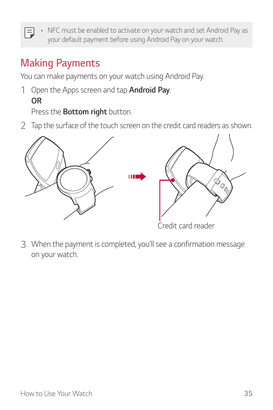 Making payments | LG Watch Sport W280A User Manual | Page 36 / 79