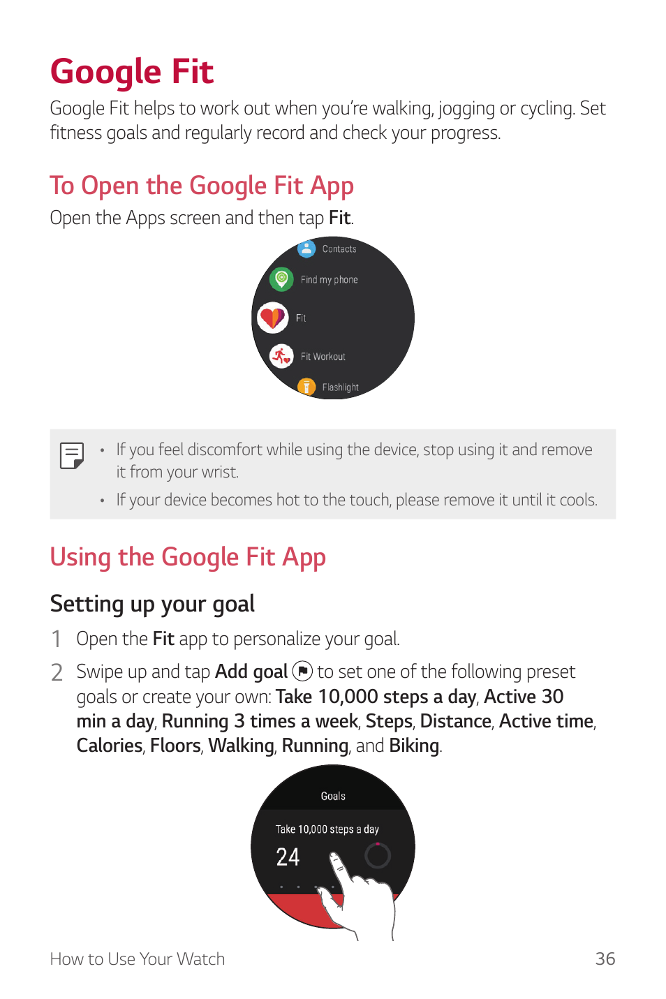 Google fit, Google, Using the google fit app | Setting up your goal 1 | LG Watch Sport W280A User Manual | Page 37 / 79