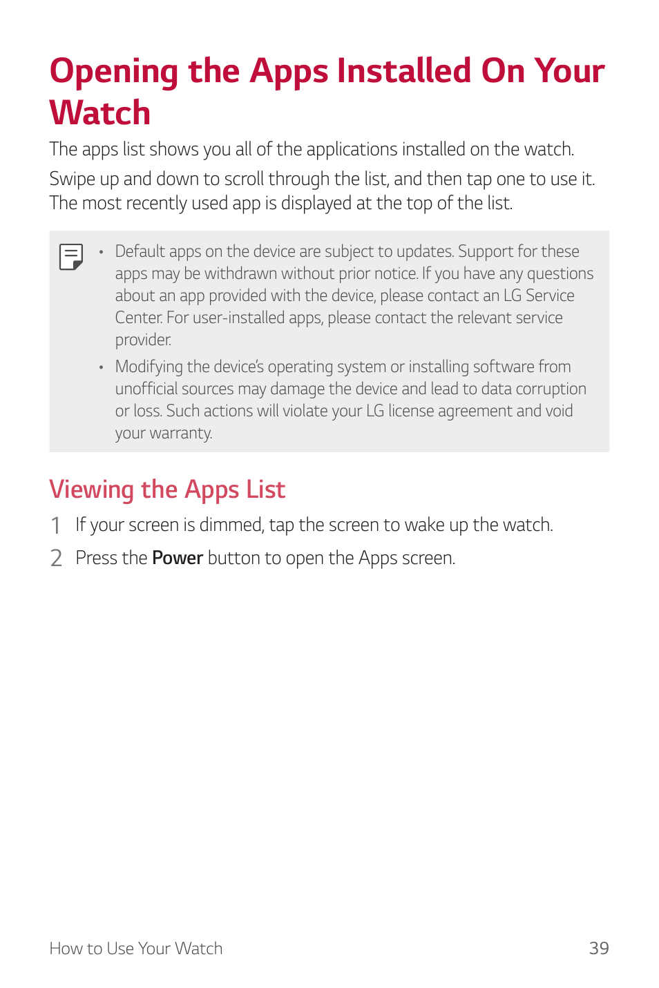 Opening the apps installed on your watch, Viewing the apps list | LG Watch Sport W280A User Manual | Page 40 / 79