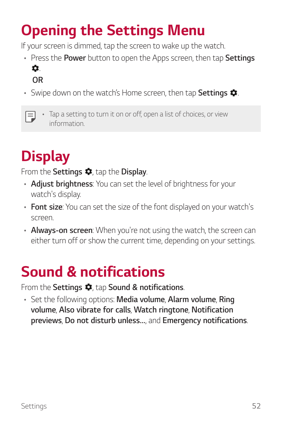 Opening the settings menu, Display, Sound & notifications | LG Watch Sport W280A User Manual | Page 53 / 79