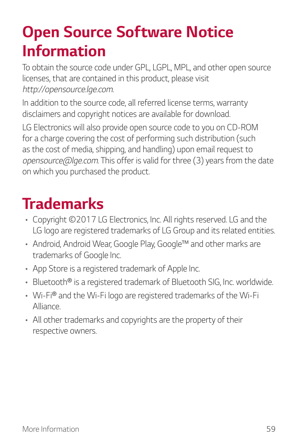 Open source software notice information, Trademarks | LG Watch Sport W280A User Manual | Page 60 / 79
