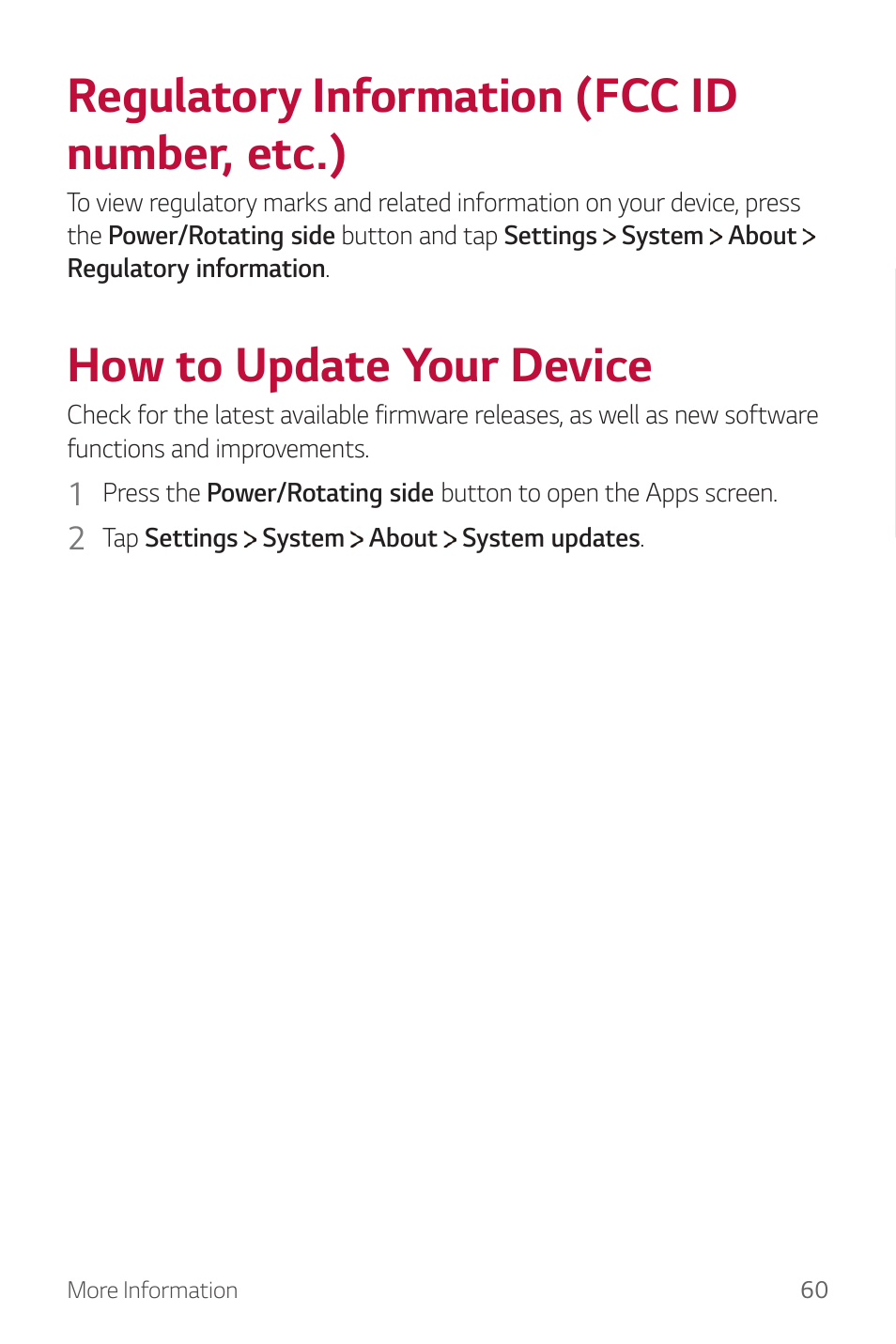 Regulatory information (fcc id number, etc.), How to update your device, Regulatory | Information, Id number, etc.) | LG Watch Sport W280A User Manual | Page 61 / 79