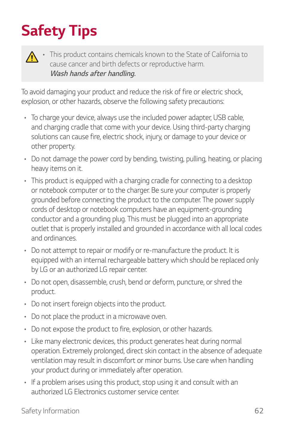 Safety tips, Safety, Tips | LG Watch Sport W280A User Manual | Page 63 / 79