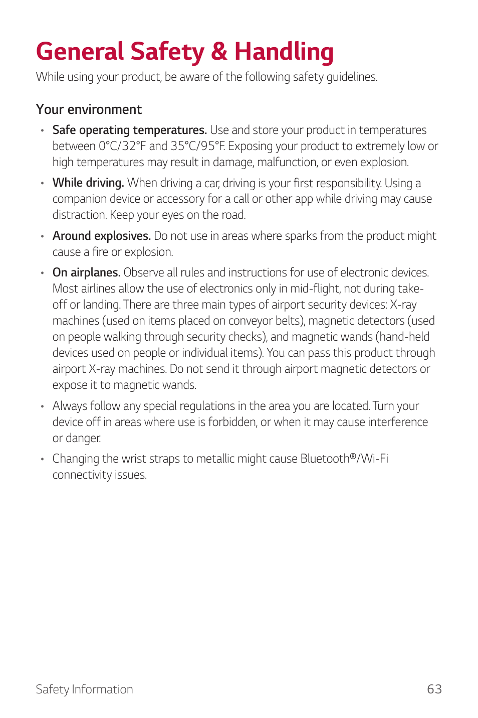 General safety & handling | LG Watch Sport W280A User Manual | Page 64 / 79