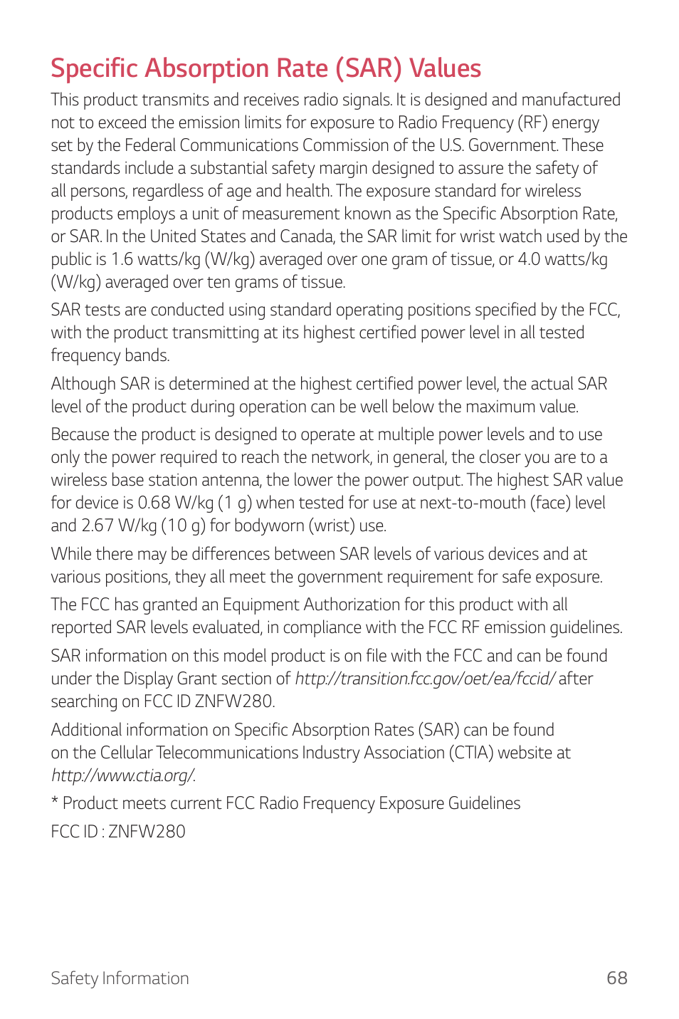 Specific absorption rate (sar) values | LG Watch Sport W280A User Manual | Page 69 / 79