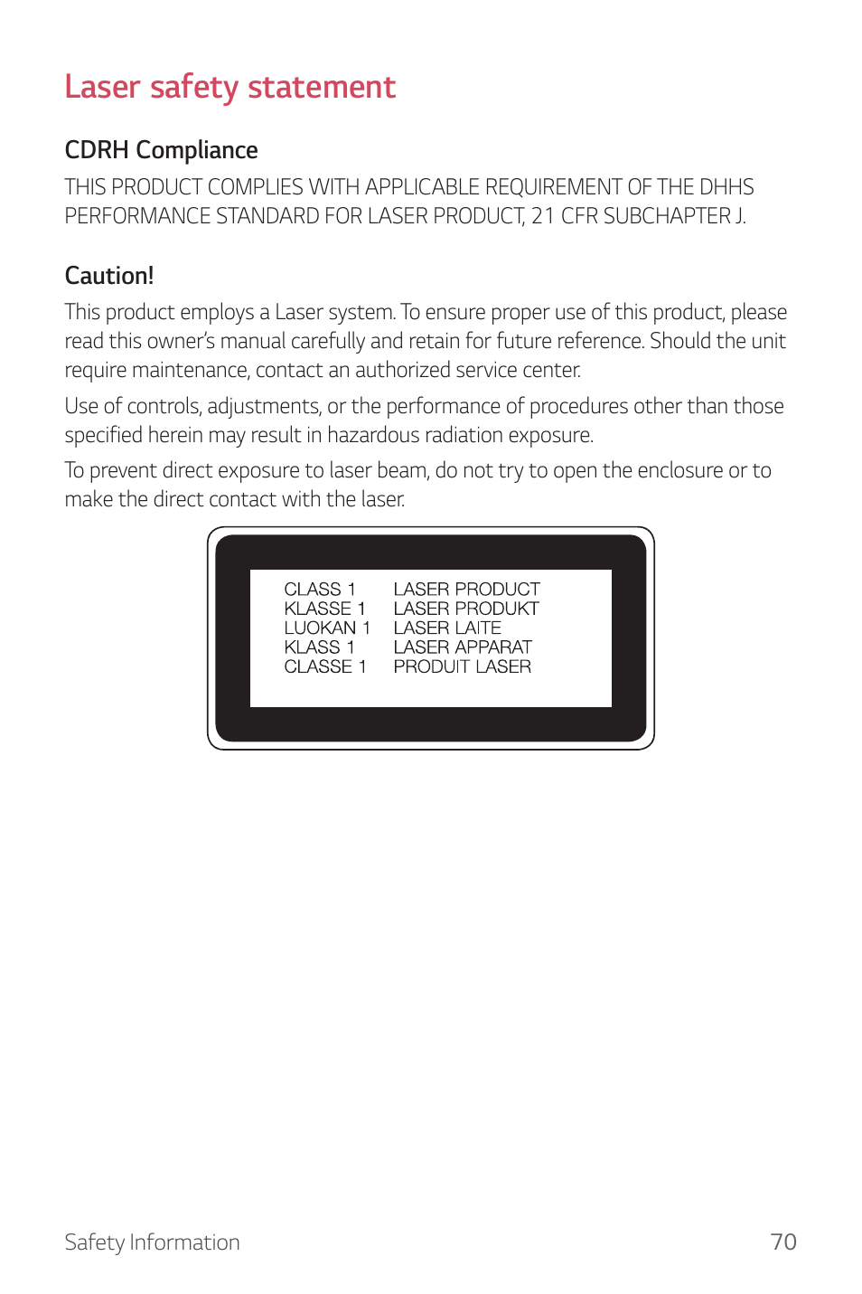 Laser safety statement | LG Watch Sport W280A User Manual | Page 71 / 79