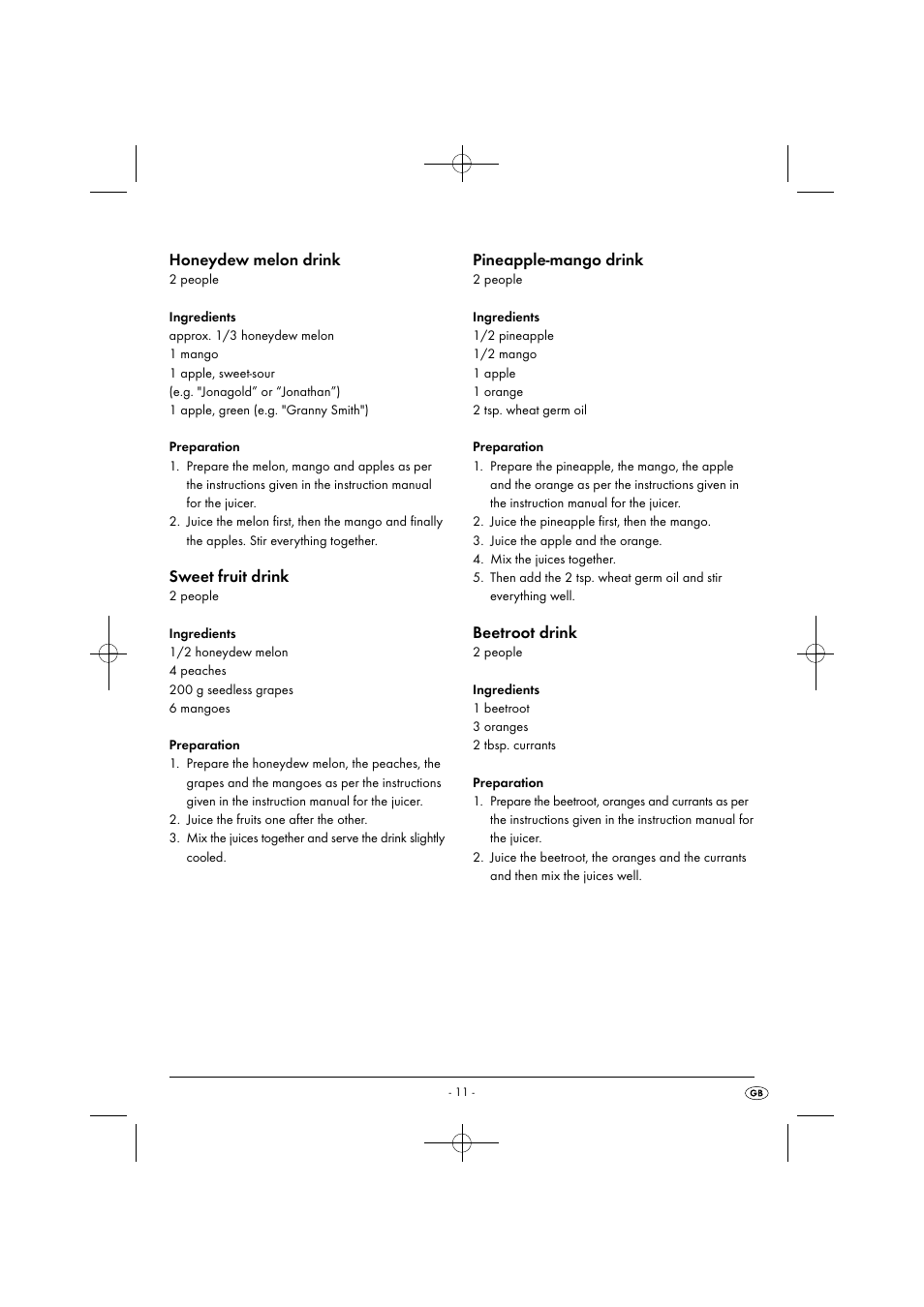 Honeydew melon drink, Sweet fruit drink, Pineapple-mango drink | Beetroot drink | Silvercrest SFE 450 C1 User Manual | Page 14 / 88