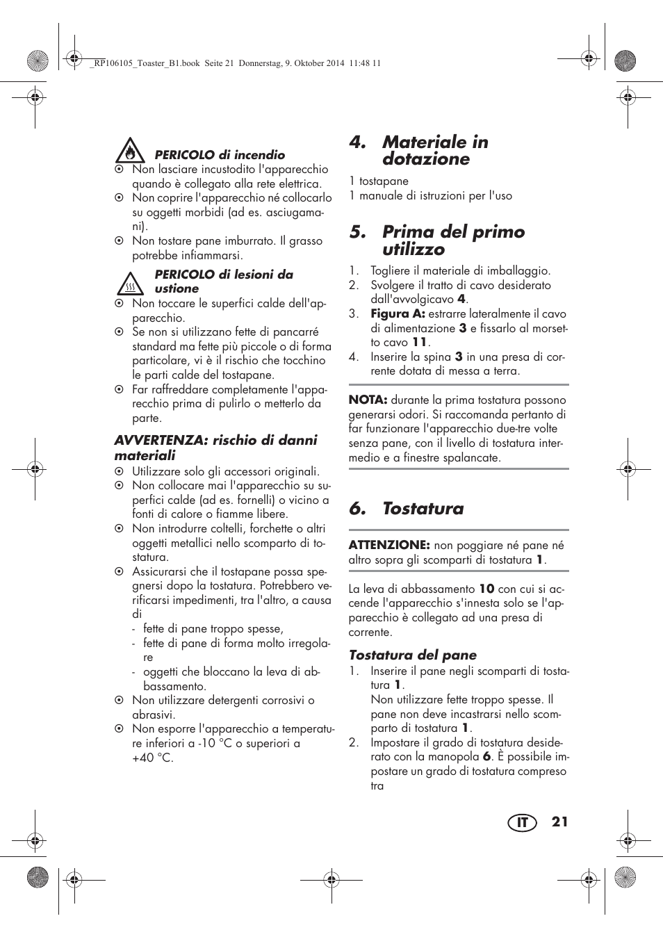 Materiale in dotazione, Prima del primo utilizzo, Tostatura | Silvercrest STS 920 A1 User Manual | Page 23 / 38