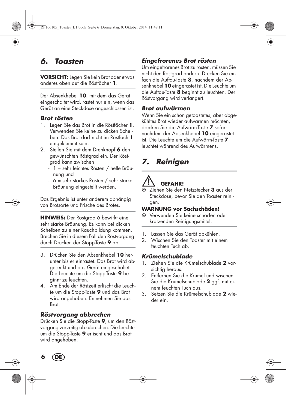 Toasten, Reinigen | Silvercrest STS 920 A1 User Manual | Page 8 / 38
