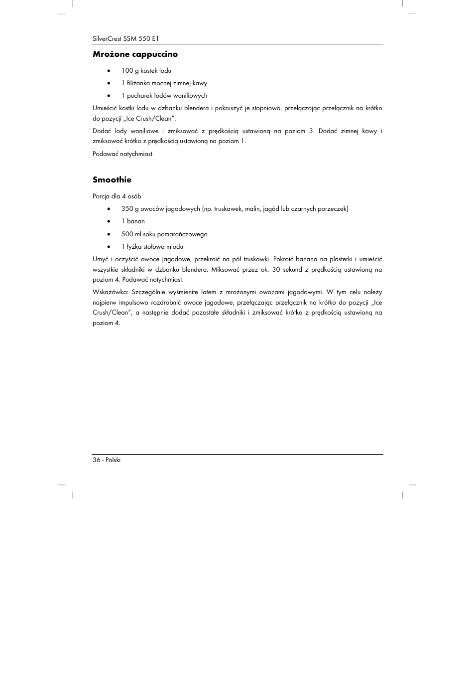 Mrożone cappuccino, Smoothie | Silvercrest SSM 550 E1 User Manual | Page 38 / 154