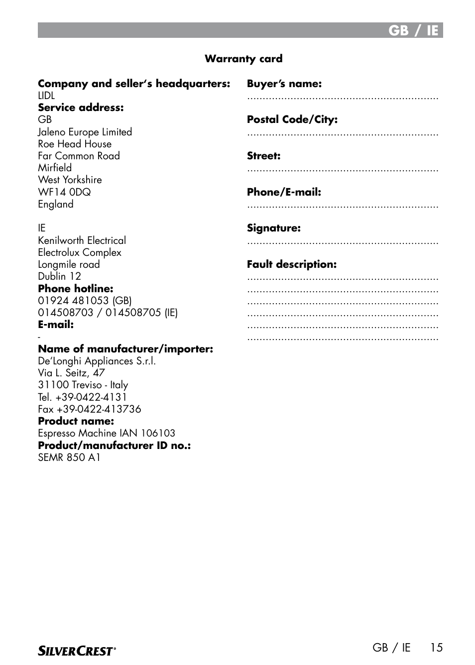 Gb / ie | Silvercrest SEMR 850 A1 User Manual | Page 15 / 54