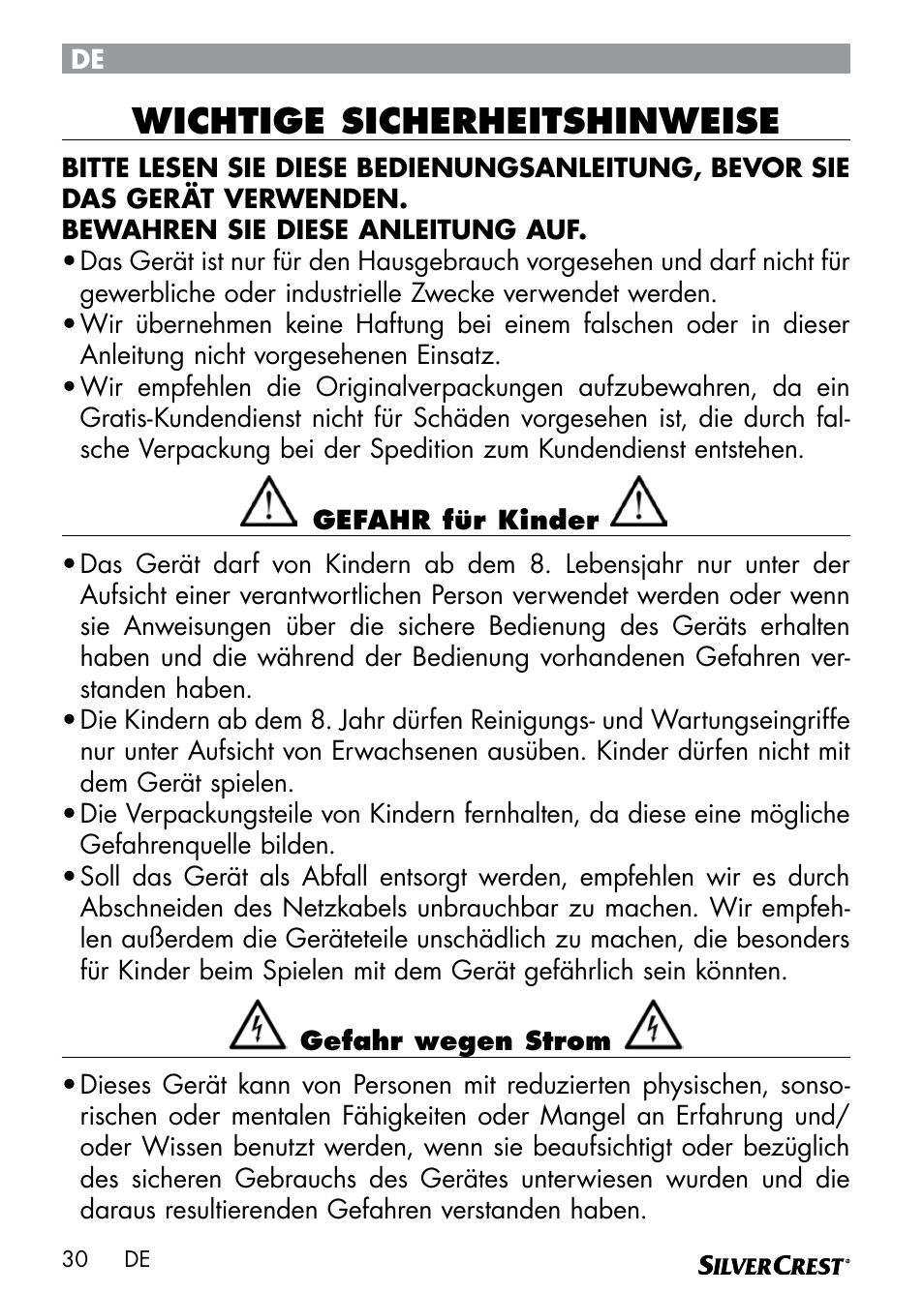 Wichtige sicherheitshinweise | Silvercrest SEMR 850 A1 User Manual | Page 30 / 54