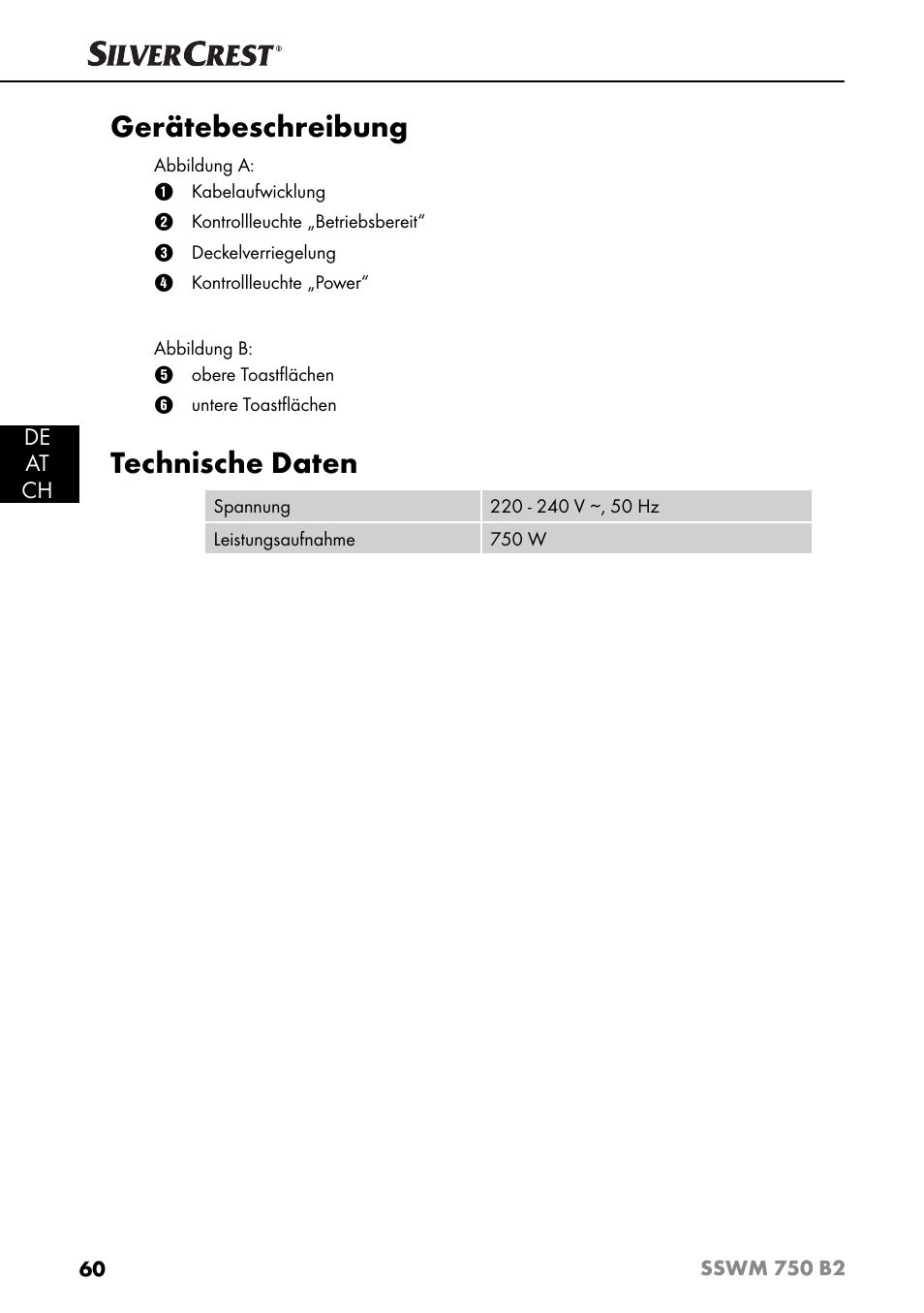 Gerätebeschreibung, Technische daten, De at ch | Silvercrest SSWM 750 B2 User Manual | Page 63 / 74
