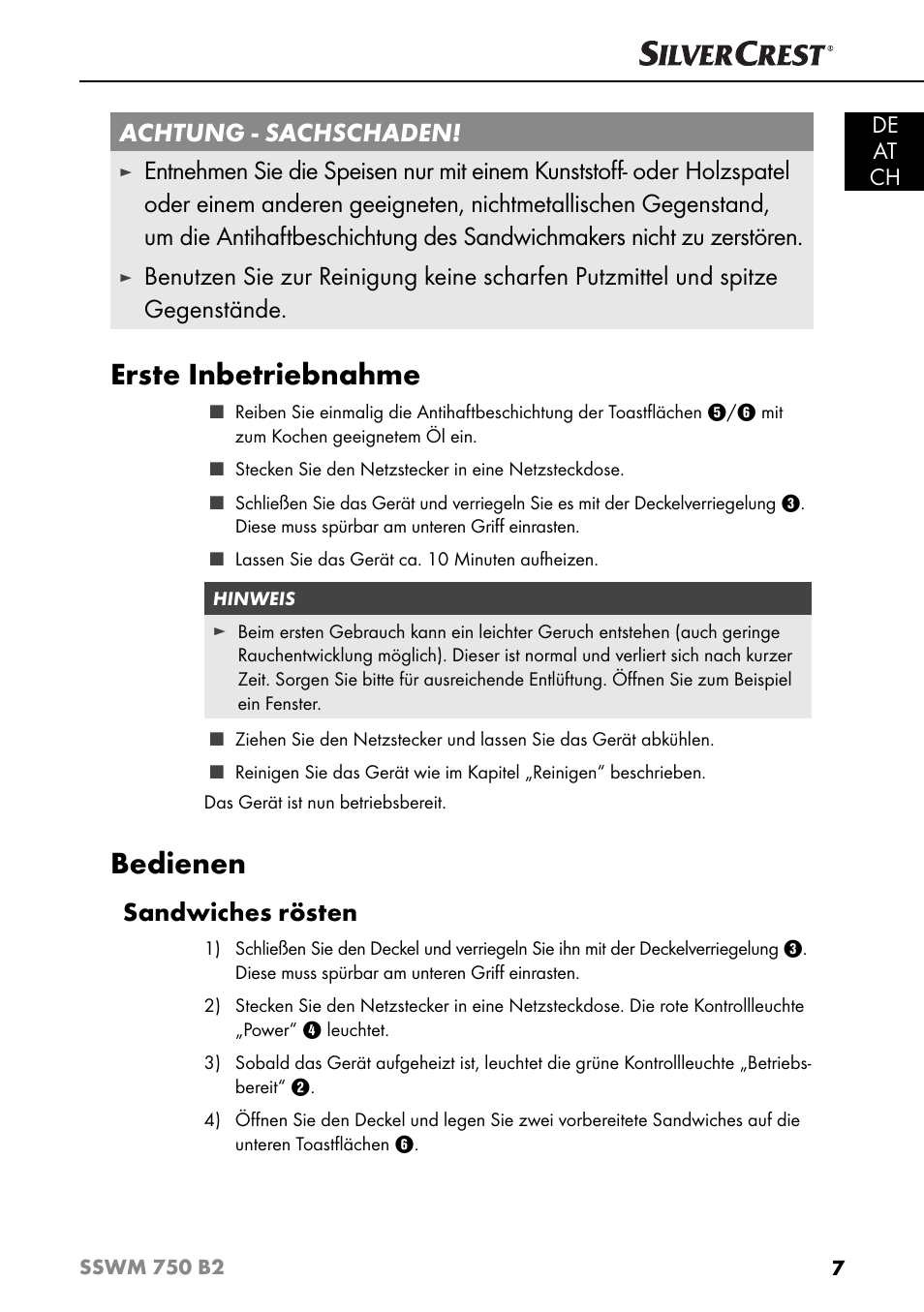 Erste inbetriebnahme, Bedienen, Achtung - sachschaden | Sandwiches rösten, De at ch | Silvercrest SSWM 750 B2 User Manual | Page 10 / 60