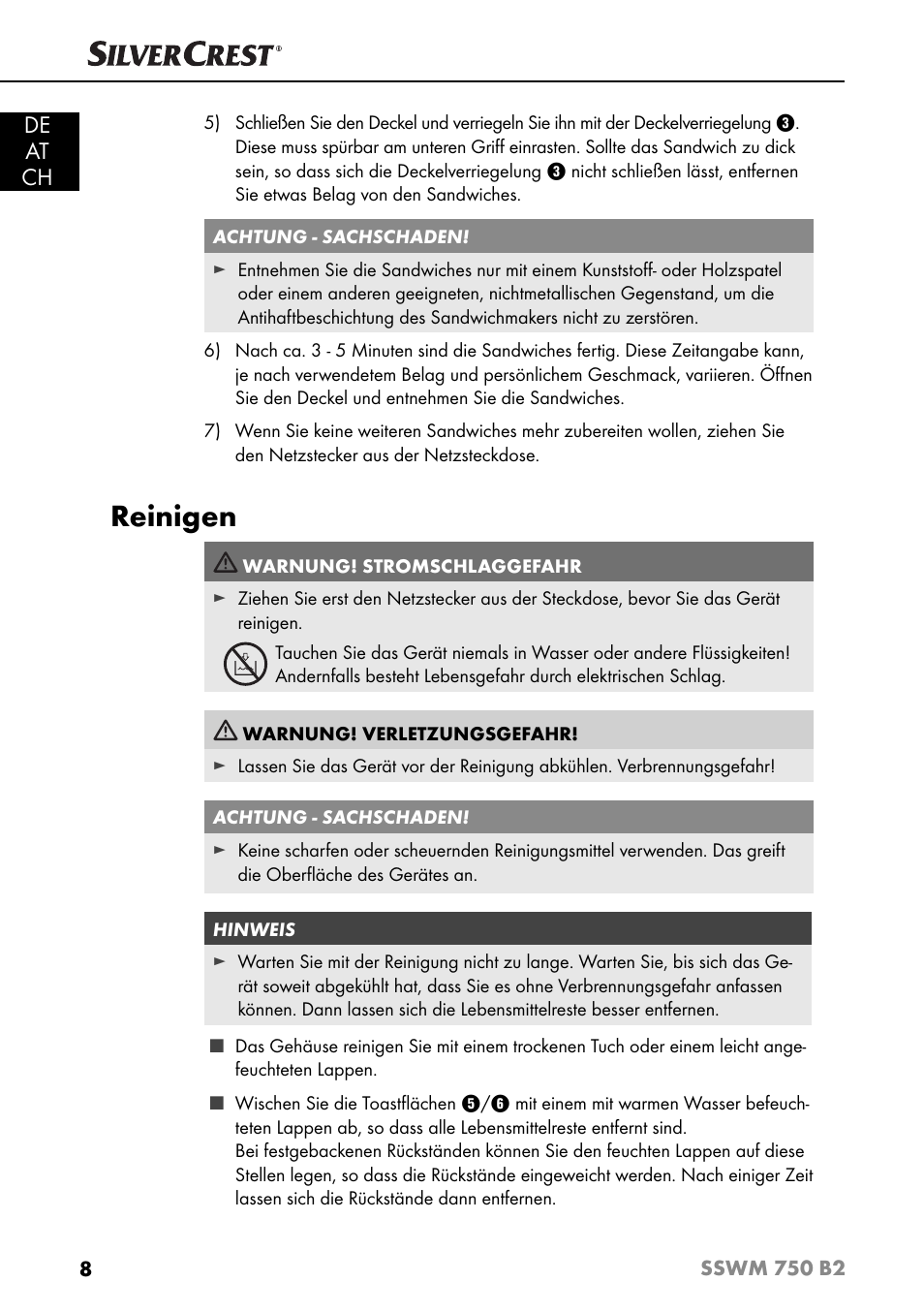 Reinigen, De at ch | Silvercrest SSWM 750 B2 User Manual | Page 11 / 60