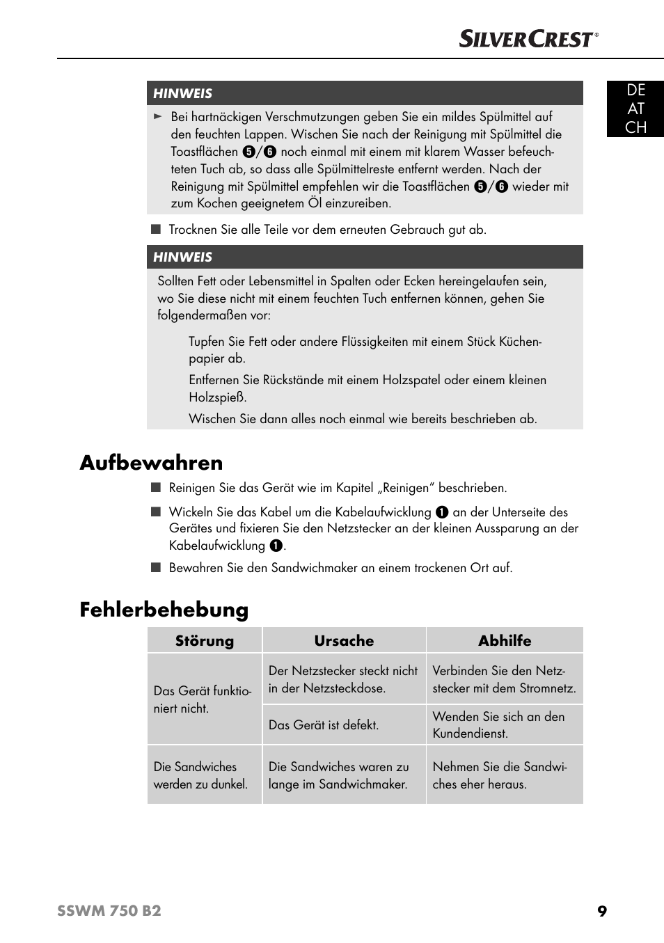 Aufbewahren, Fehlerbehebung, De at ch | Silvercrest SSWM 750 B2 User Manual | Page 12 / 60