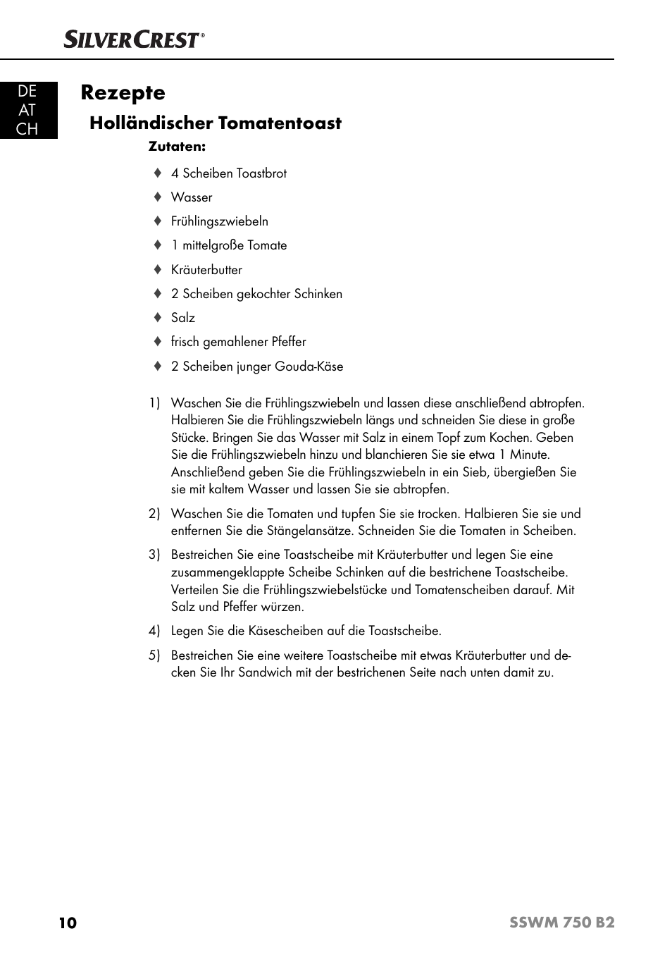 Rezepte, Holländischer tomatentoast, De at ch | Silvercrest SSWM 750 B2 User Manual | Page 13 / 60