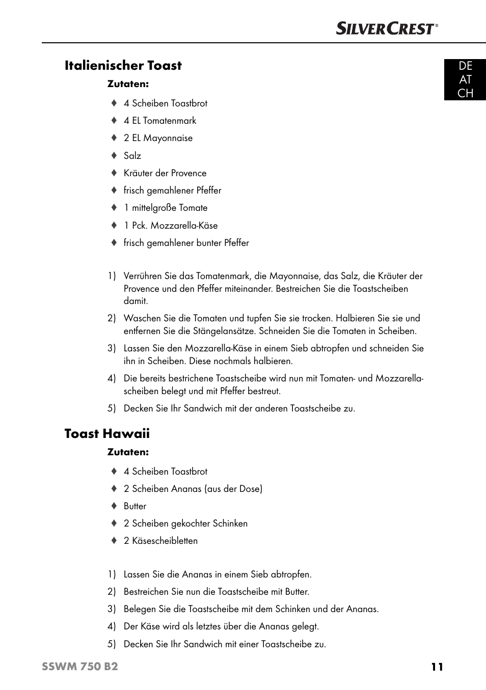 Italienischer toast, Toast hawaii, De at ch | Silvercrest SSWM 750 B2 User Manual | Page 14 / 60