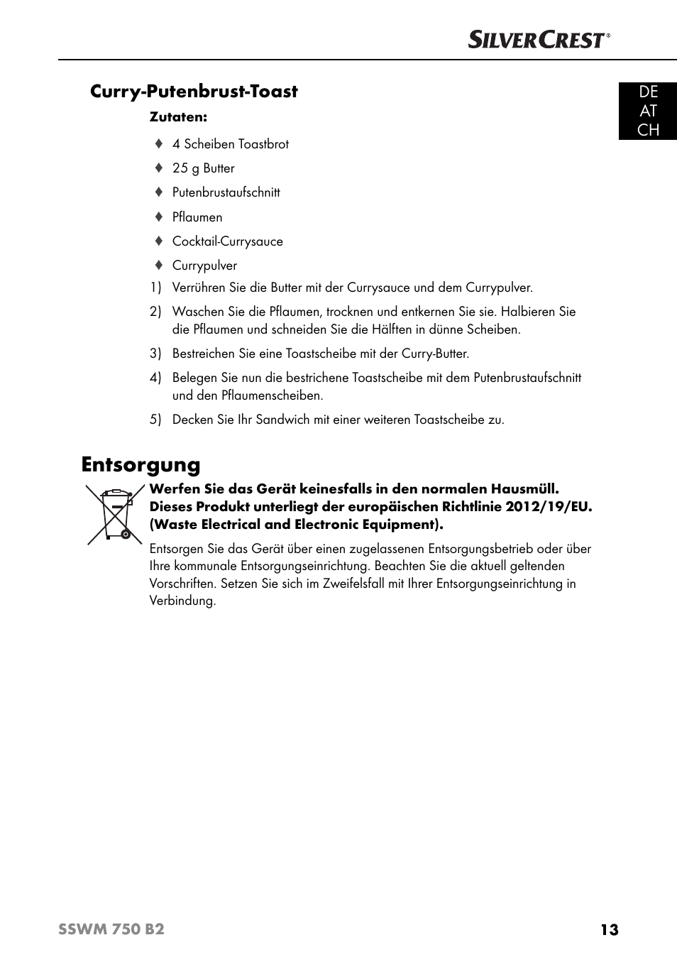 Entsorgung, Curry-putenbrust-toast, De at ch | Silvercrest SSWM 750 B2 User Manual | Page 16 / 60