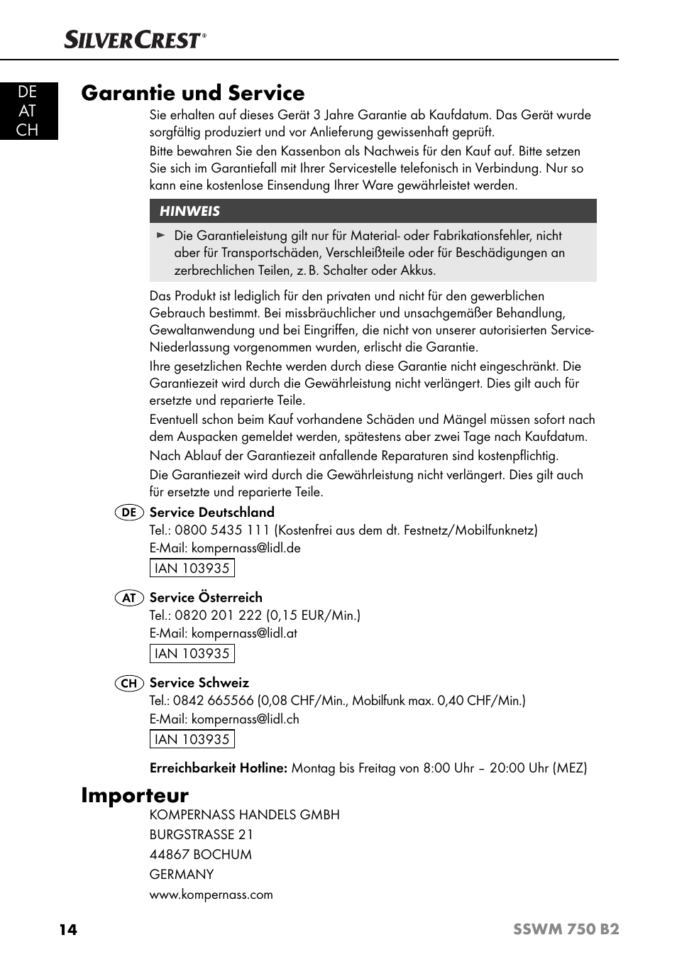 Garantie und service, Importeur, De at ch | Silvercrest SSWM 750 B2 User Manual | Page 17 / 60