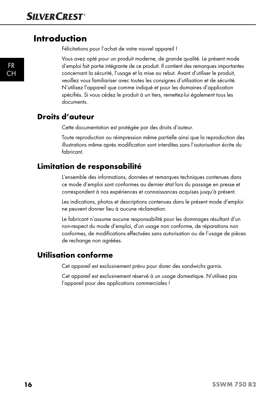 Introduction, Droits d’auteur, Limitation de responsabilité | Utilisation conforme | Silvercrest SSWM 750 B2 User Manual | Page 19 / 60