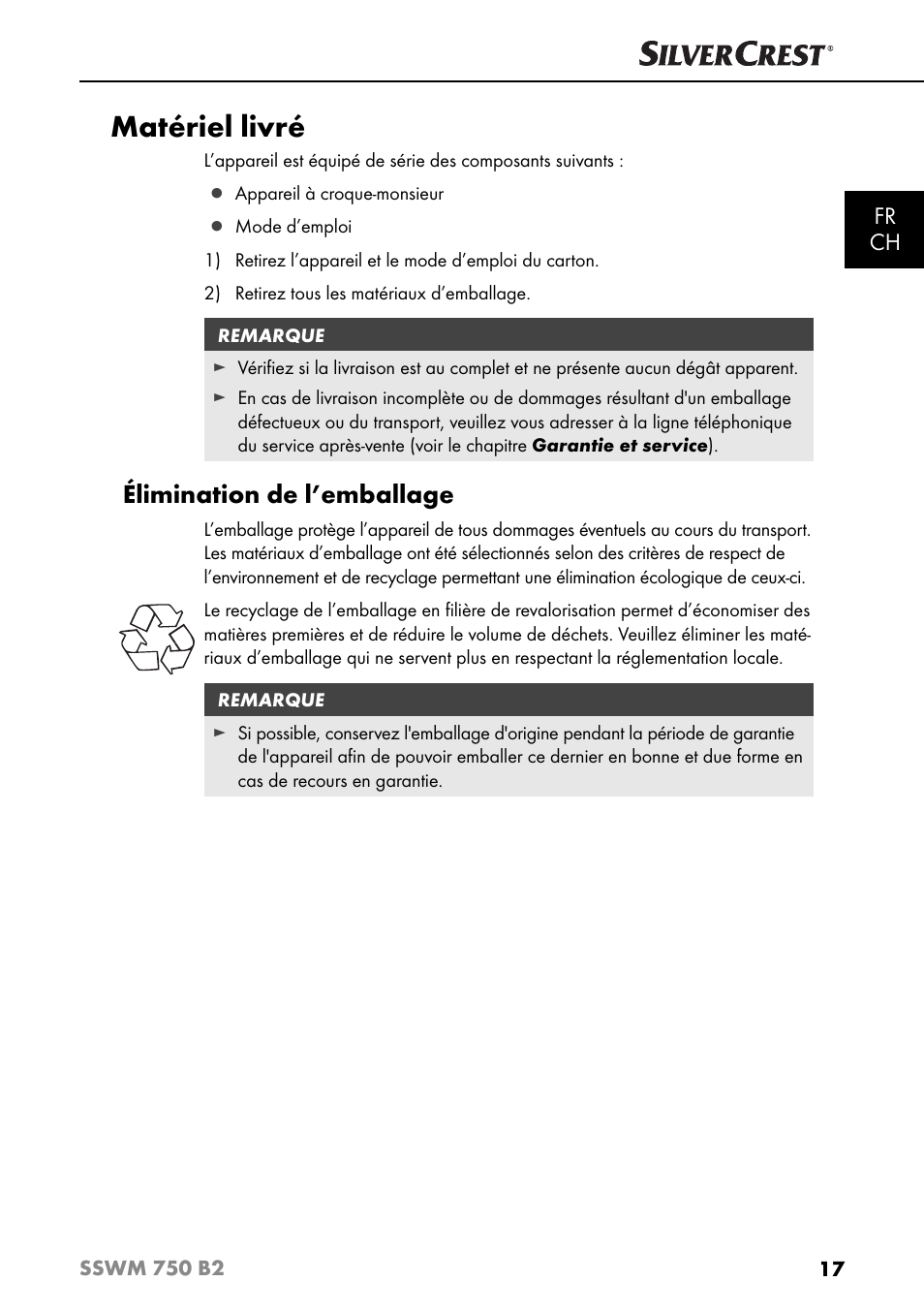 Matériel livré, Élimination de l’emballage, Fr ch | Silvercrest SSWM 750 B2 User Manual | Page 20 / 60