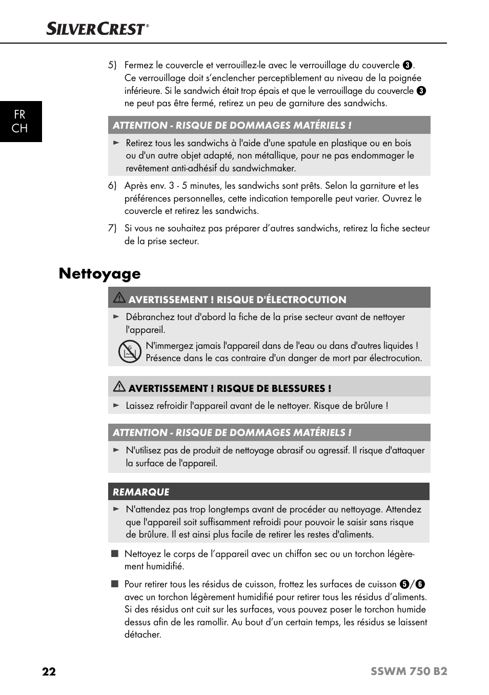 Nettoyage, Fr ch | Silvercrest SSWM 750 B2 User Manual | Page 25 / 60