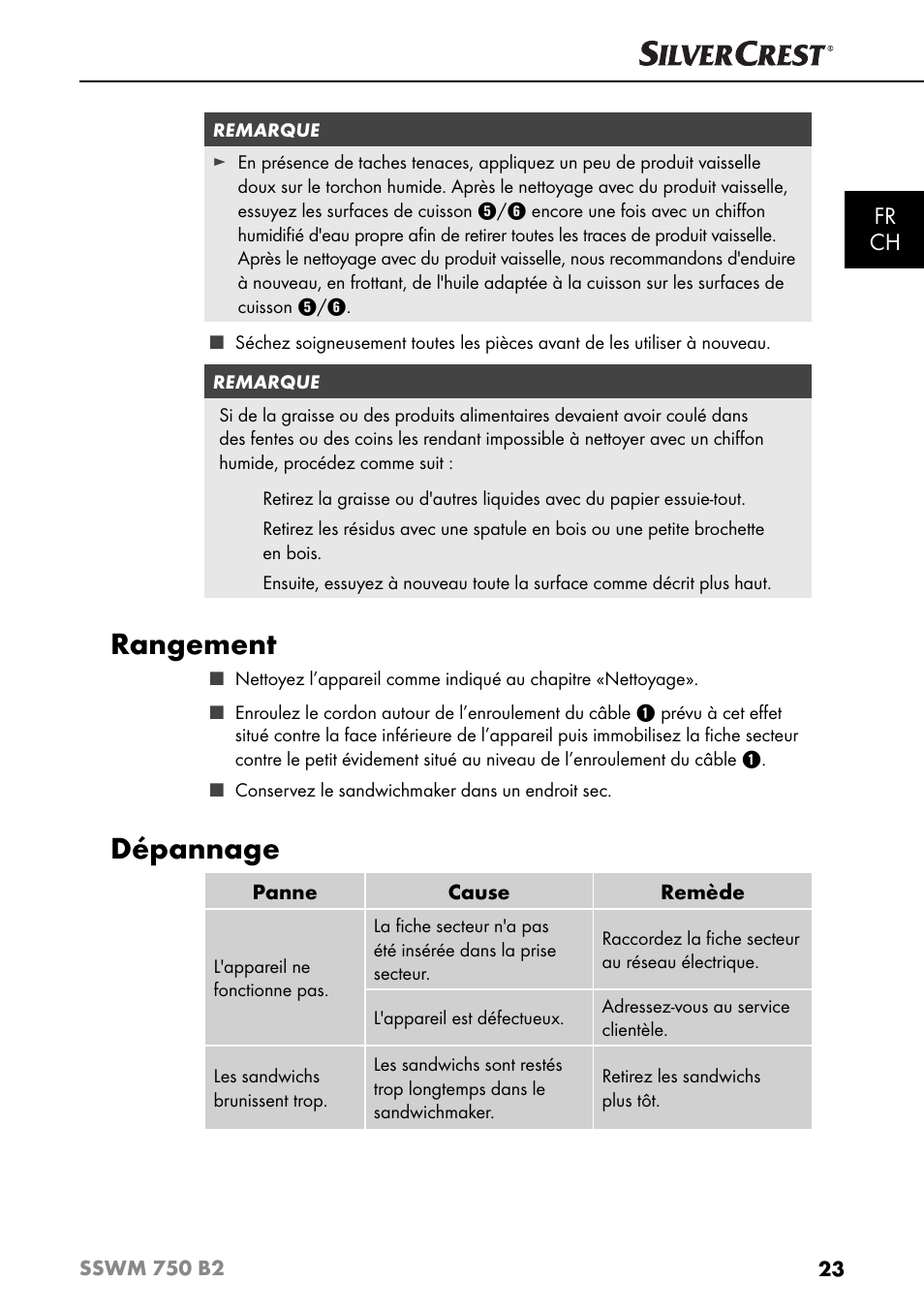 Rangement, Dépannage, Fr ch | Silvercrest SSWM 750 B2 User Manual | Page 26 / 60