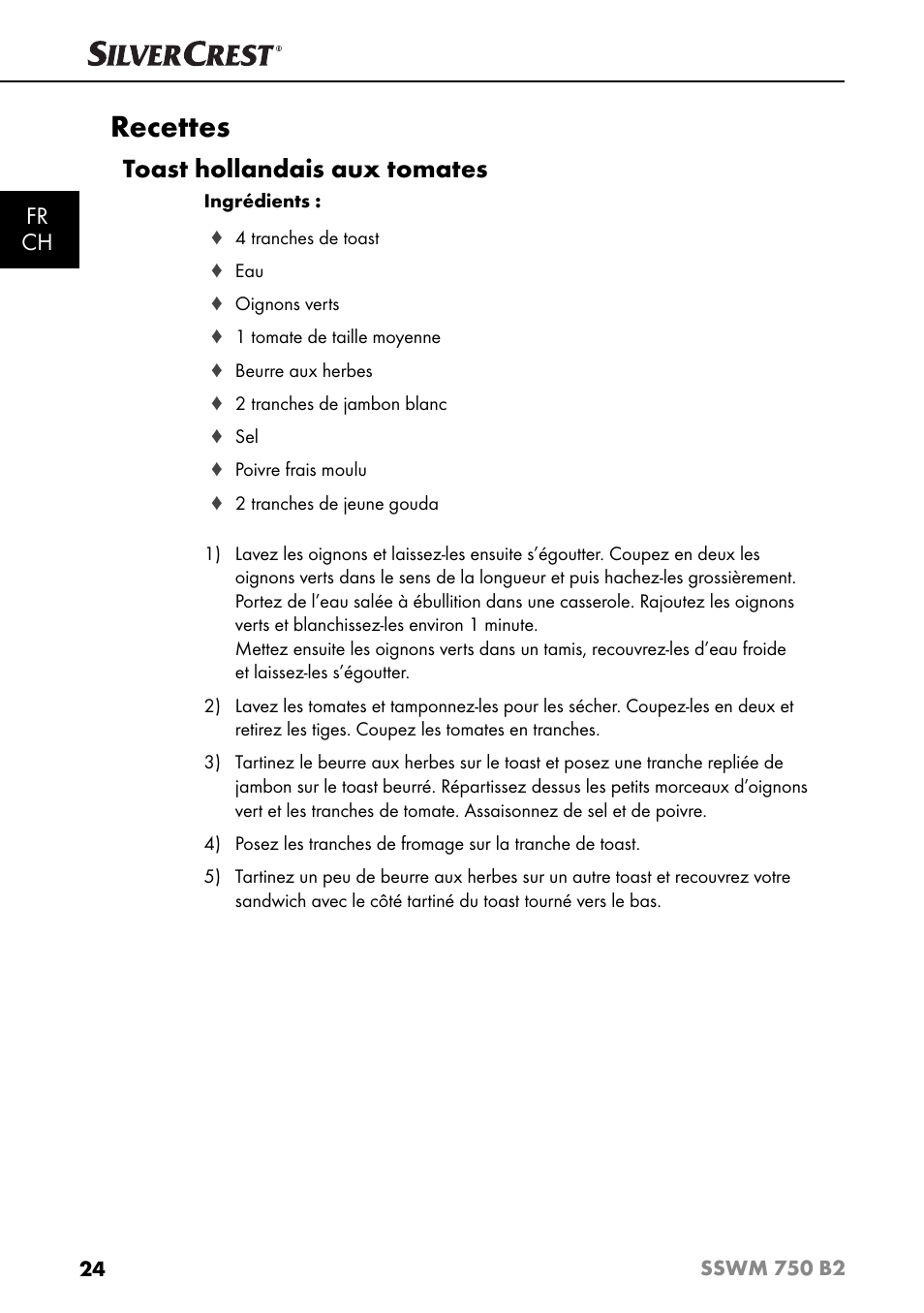 Recettes, Toast hollandais aux tomates, Fr ch | Silvercrest SSWM 750 B2 User Manual | Page 27 / 60