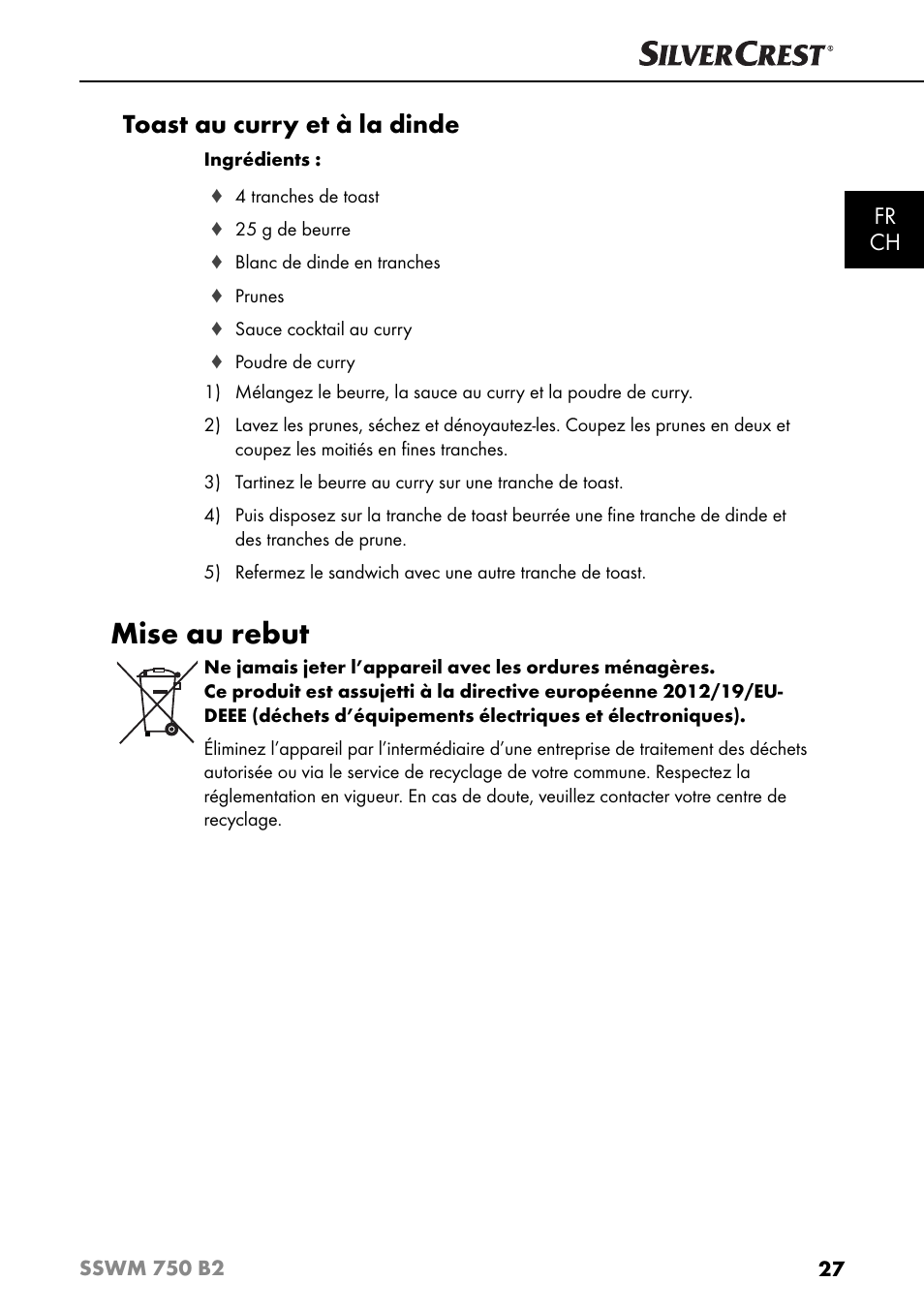 Mise au rebut, Toast au curry et à la dinde, Fr ch | Silvercrest SSWM 750 B2 User Manual | Page 30 / 60