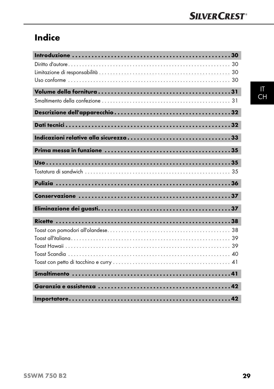 Indice, It ch | Silvercrest SSWM 750 B2 User Manual | Page 32 / 60