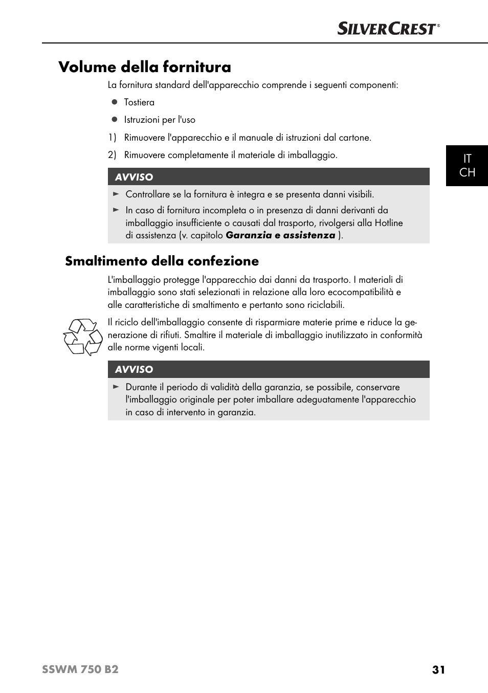 Volume della fornitura, Smaltimento della confezione, It ch | Silvercrest SSWM 750 B2 User Manual | Page 34 / 60