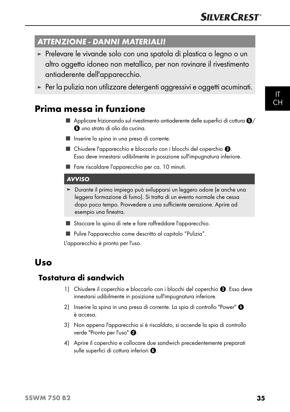 Prima messa in funzione, Attenzione - danni materiali, Tostatura di sandwich | It ch | Silvercrest SSWM 750 B2 User Manual | Page 38 / 60