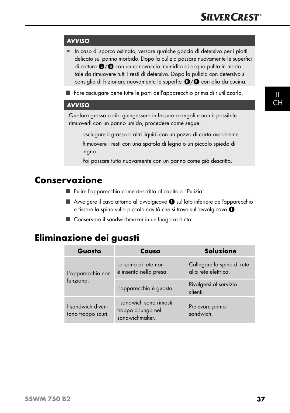 Conservazione, Eliminazione dei guasti, It ch | Silvercrest SSWM 750 B2 User Manual | Page 40 / 60