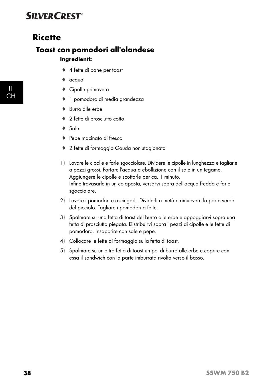 Ricette, Toast con pomodori all'olandese, It ch | Silvercrest SSWM 750 B2 User Manual | Page 41 / 60