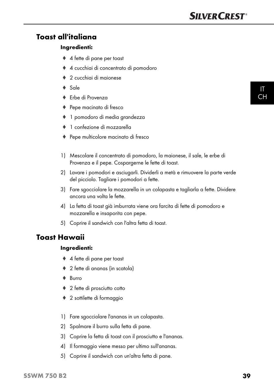 Toast all'italiana, Toast hawaii, It ch | Silvercrest SSWM 750 B2 User Manual | Page 42 / 60
